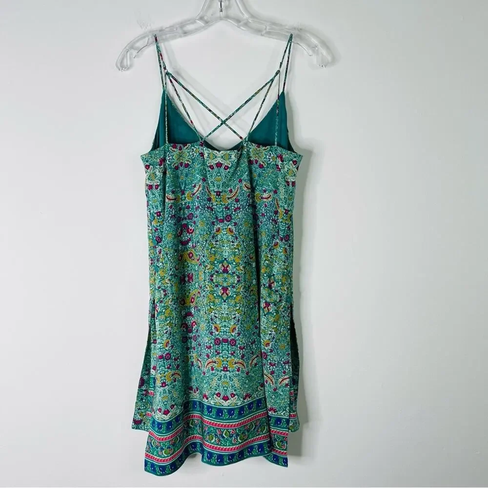 Anthropologie Maeve green pink silk floral boho strappy button tunic top 6 - Picture 6 of 11